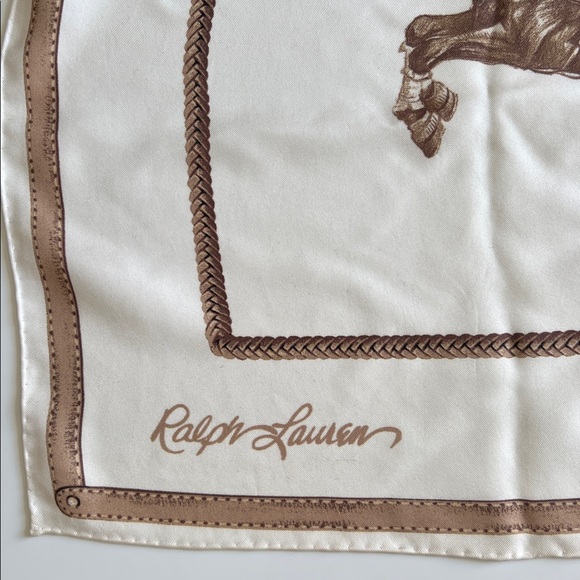 Polo Ralph Lauren Equestrian Silk Scarf Polo Horse Print Cream Brown - Picture 8 of 17